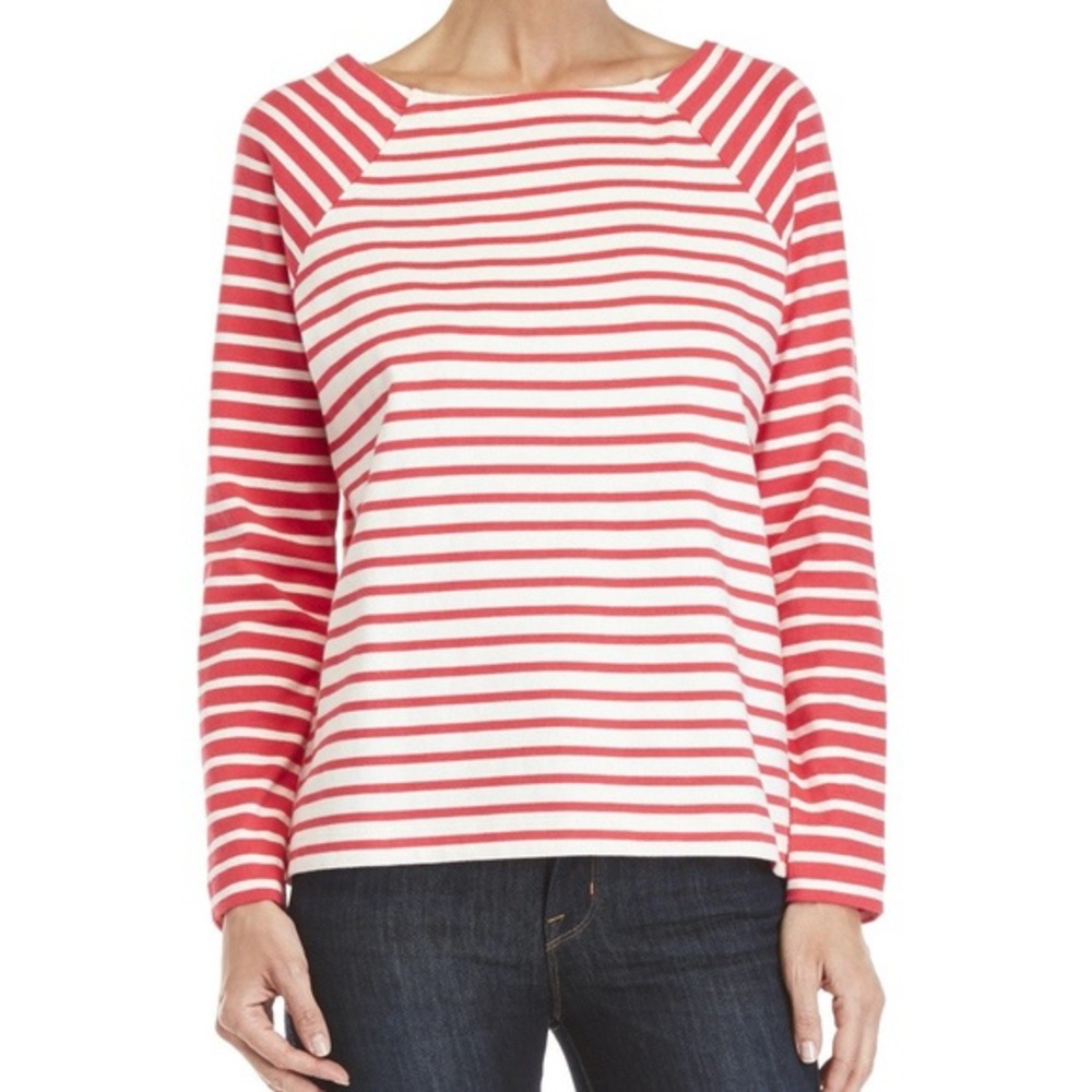 Vineyard Vines White + Pink Striped Crewneck Suede Elbow Patch Top